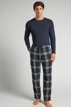 Blue Check Print Full Length Knit Pants