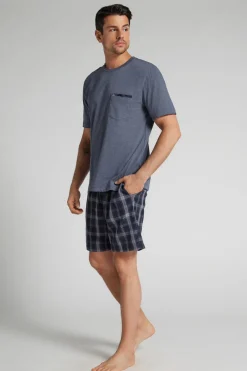 Check Print Denim Cloth and Cotton Short Pajamas