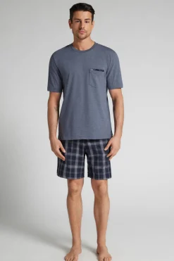 Check Print Denim Cloth and Cotton Short Pajamas