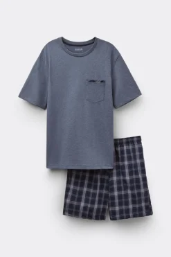 Check Print Denim Cloth and Cotton Short Pajamas
