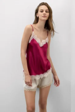 Contrast Lace Trim Silk Top