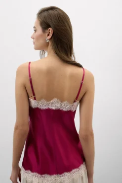 Contrast Lace Trim Silk Top