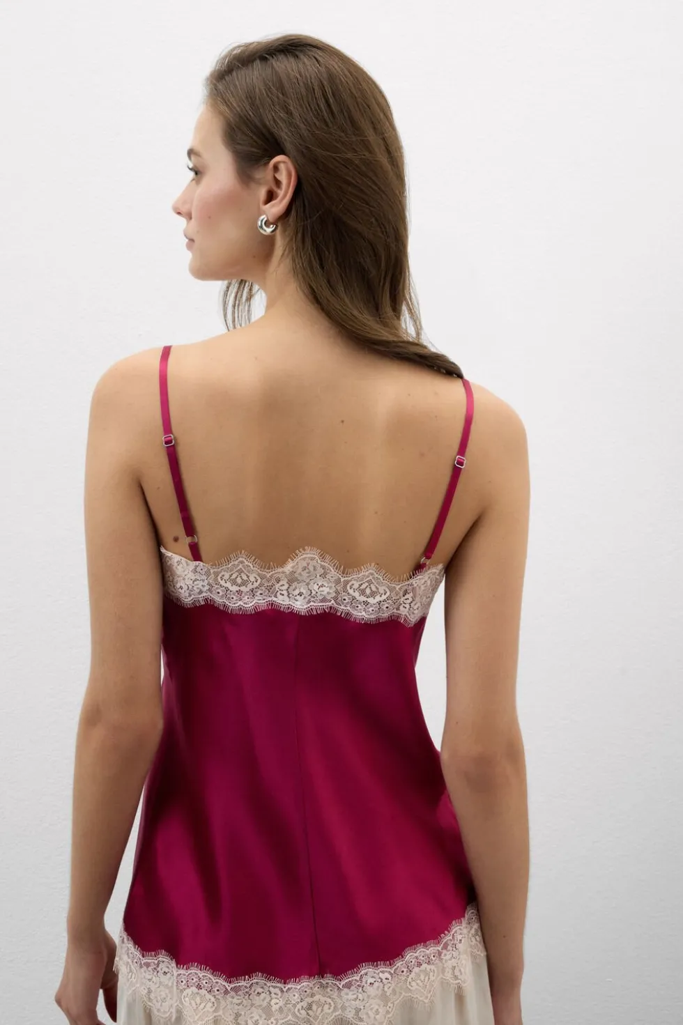 Contrast Lace Trim Silk Top