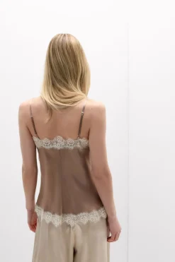 Contrast Lace Trim Silk Top
