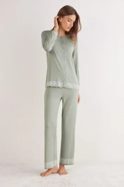 Lace Trim Button Up Full Length Pajamas in Modal