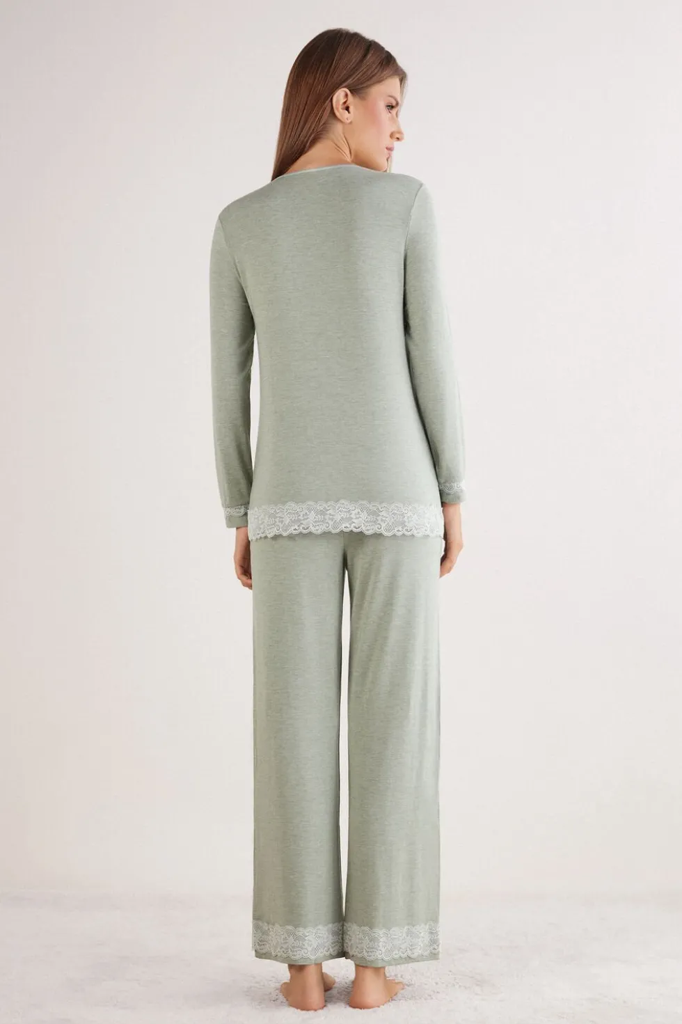 Lace Trim Button Up Full Length Pajamas in Modal