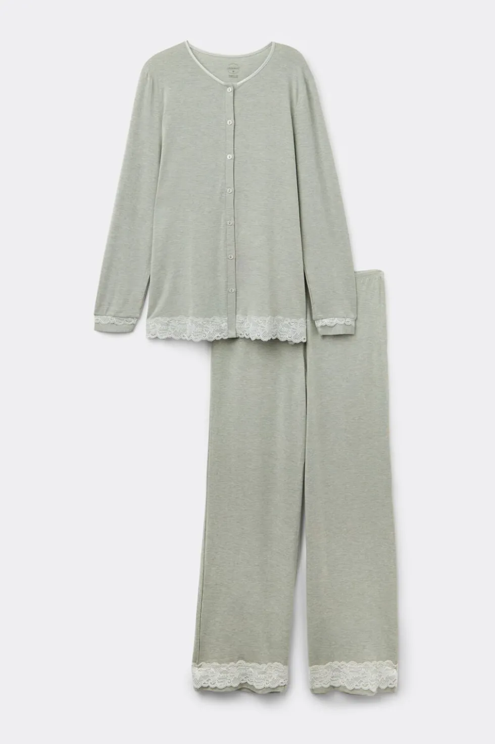 Lace Trim Button Up Full Length Pajamas in Modal