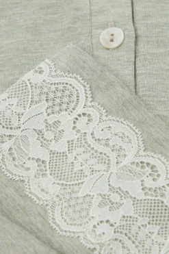 Lace Trim Button Up Full Length Pajamas in Modal
