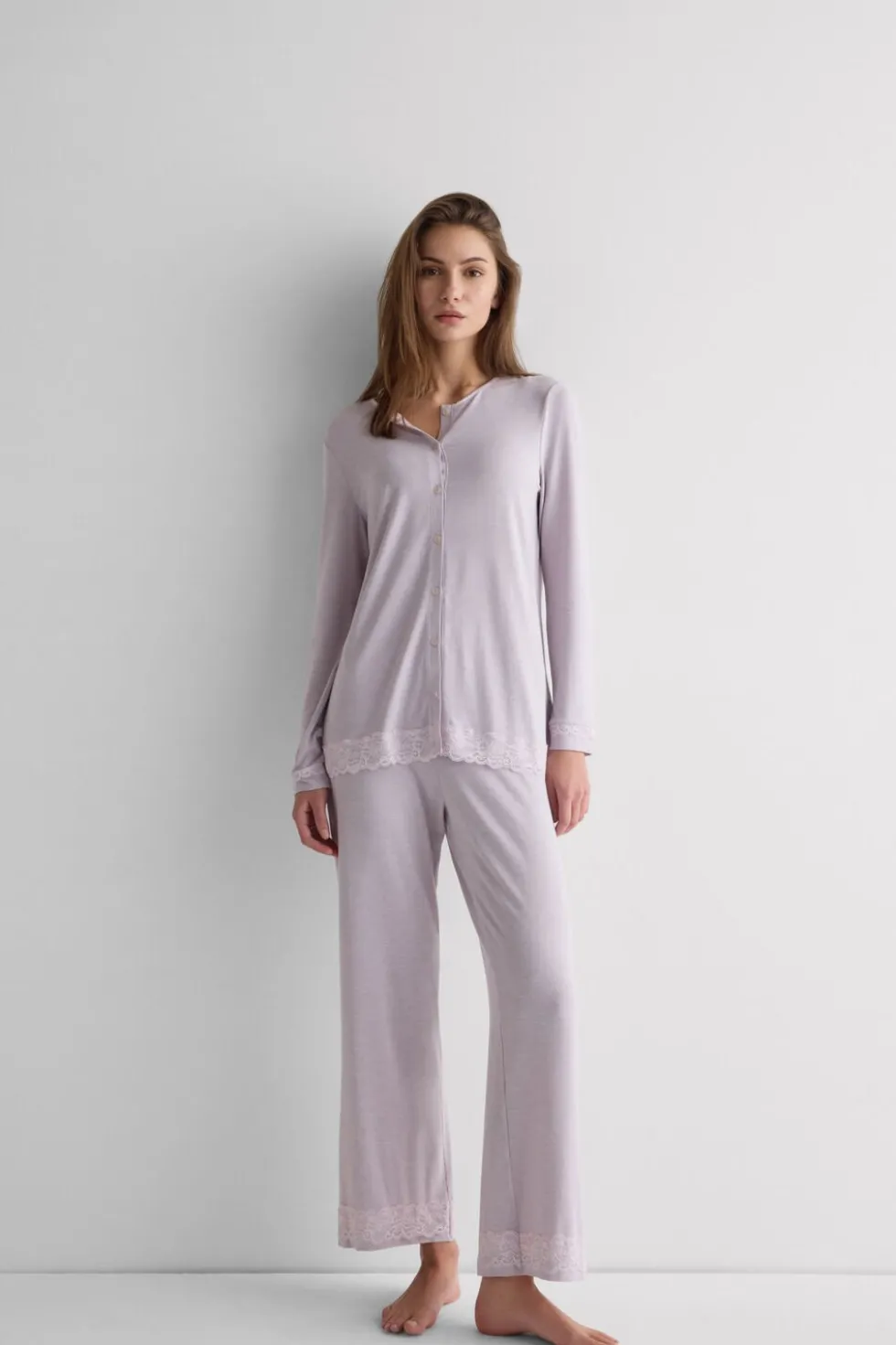 Lace Trim Button Up Full Length Pajamas in Modal