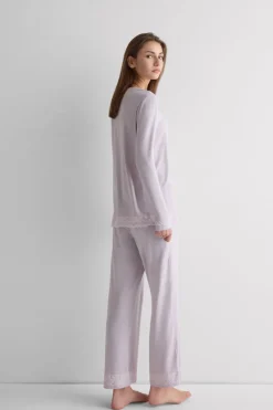 Lace Trim Button Up Full Length Pajamas in Modal