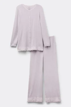 Lace Trim Button Up Full Length Pajamas in Modal