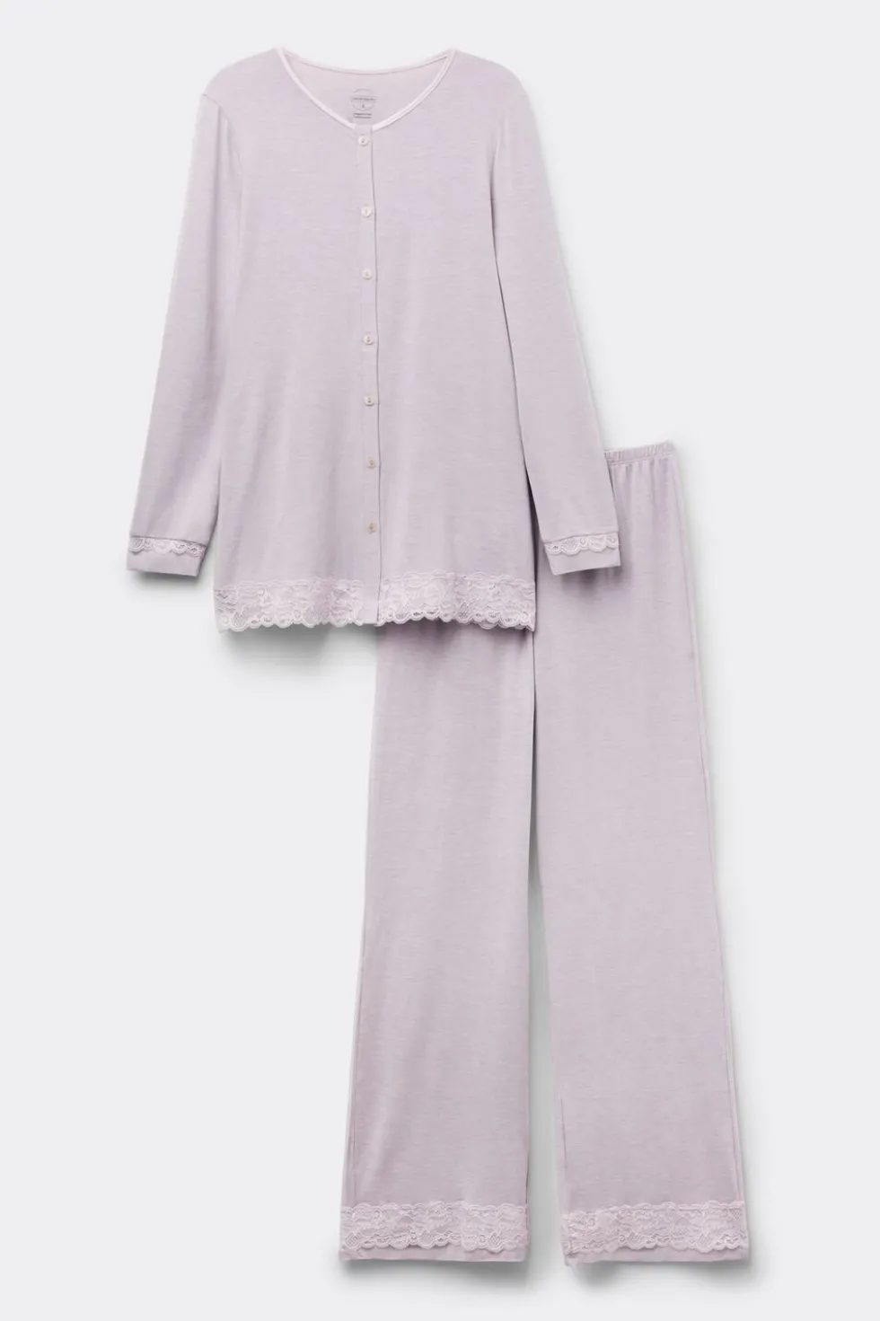 Lace Trim Button Up Full Length Pajamas in Modal