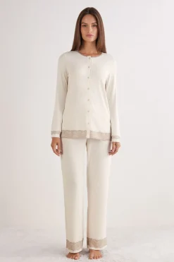 Lace Trim Button Up Full Length Pajamas in Modal