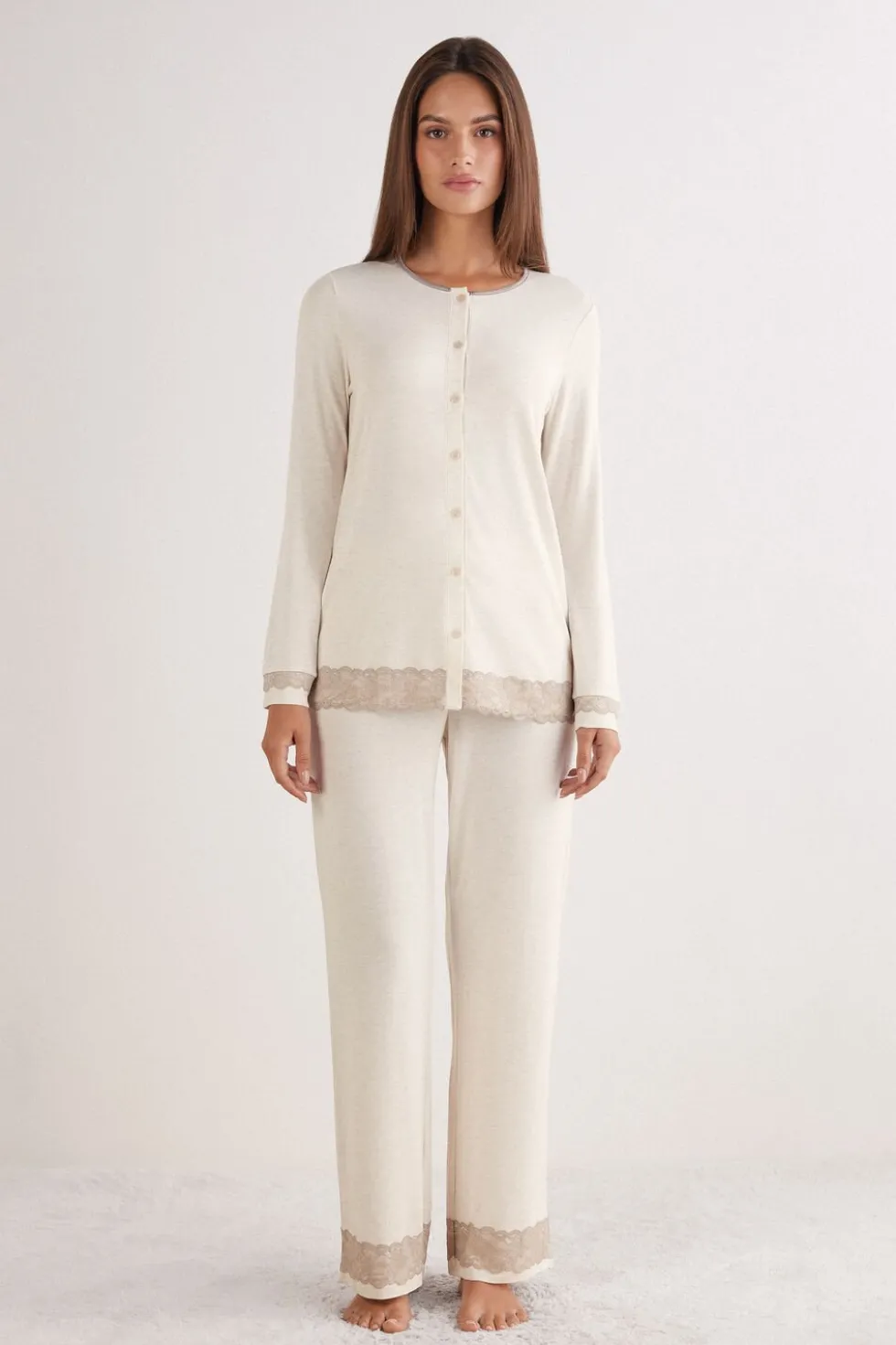 Lace Trim Button Up Full Length Pajamas in Modal
