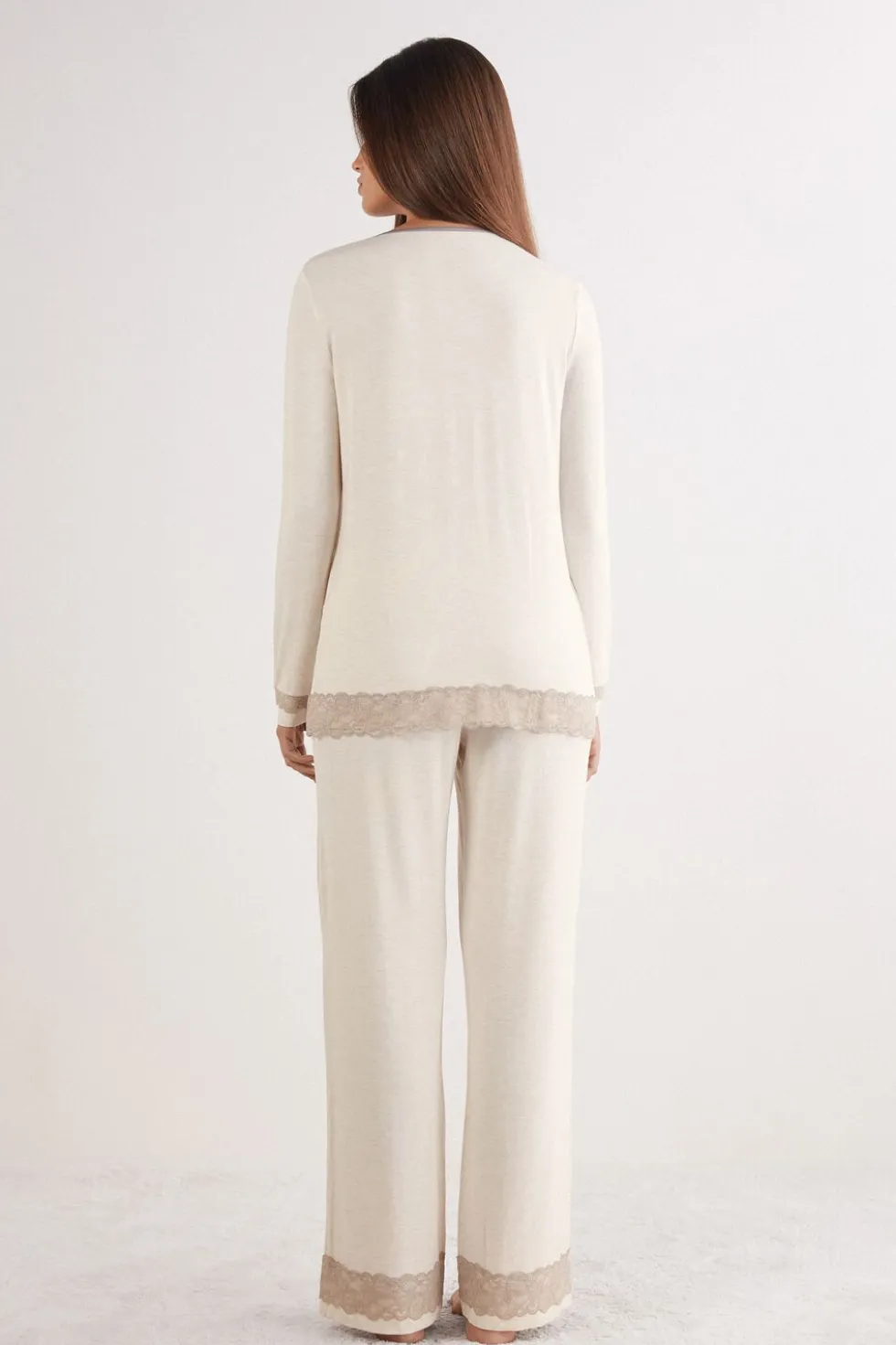 Lace Trim Button Up Full Length Pajamas in Modal