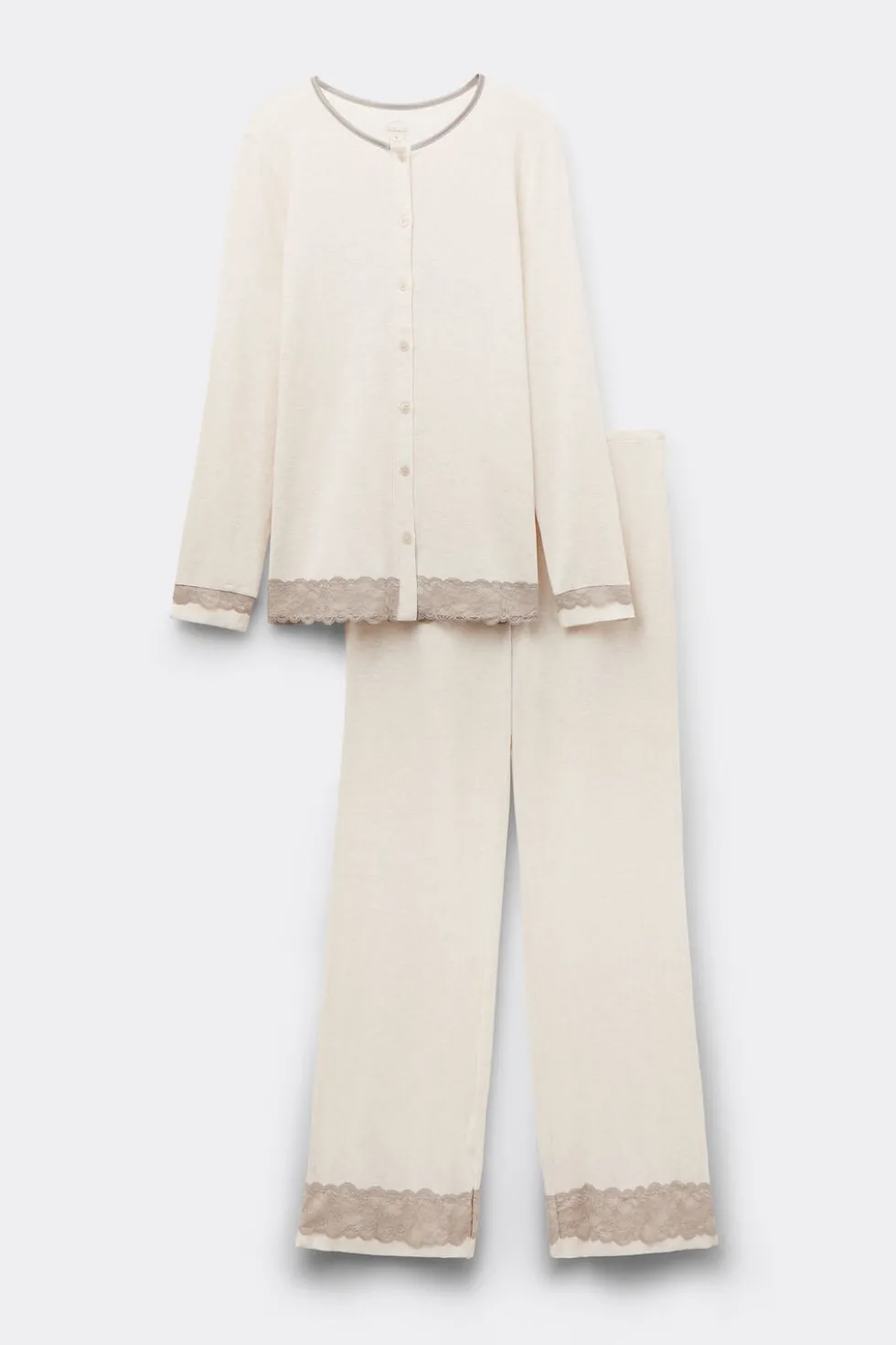 Lace Trim Button Up Full Length Pajamas in Modal