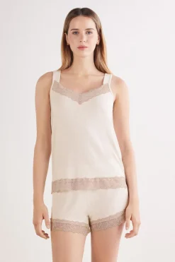 Lace Trim Tank Top Short Pajamas in Modal