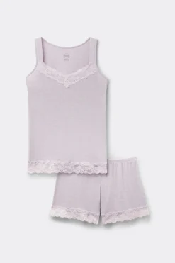 Lace Trim Tank Top Short Pajamas in Modal