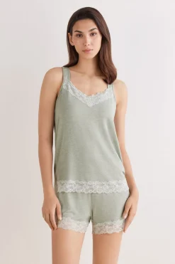 Lace Trim Tank Top Short Pajamas in Modal