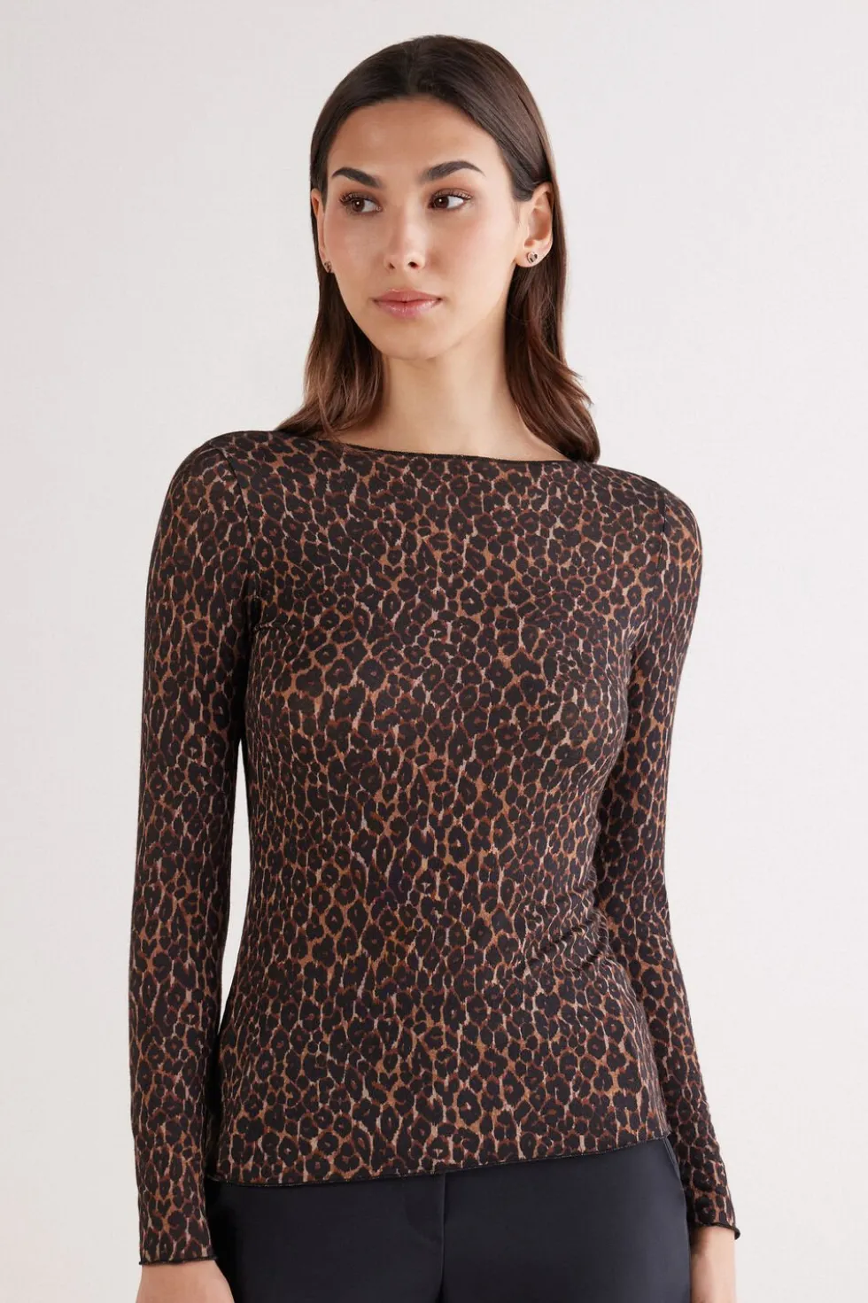 Leopard Print Long Sleeve Top in Ultralight Modal with Cashmere