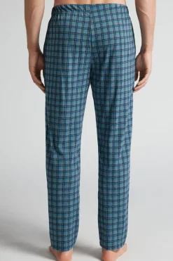 Light Blue Check Print Full Length Cotton Pants