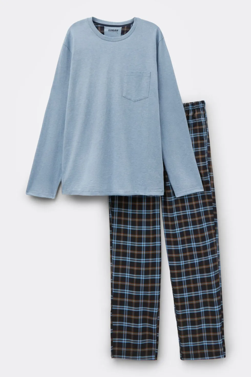 Light Blue Cotton and Check Print Cloth Full Length Pajamas