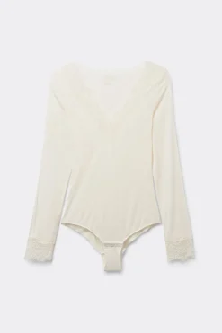 Long Sleeve Bodysuit in Ultralight Modal with Cashmere and Lace
