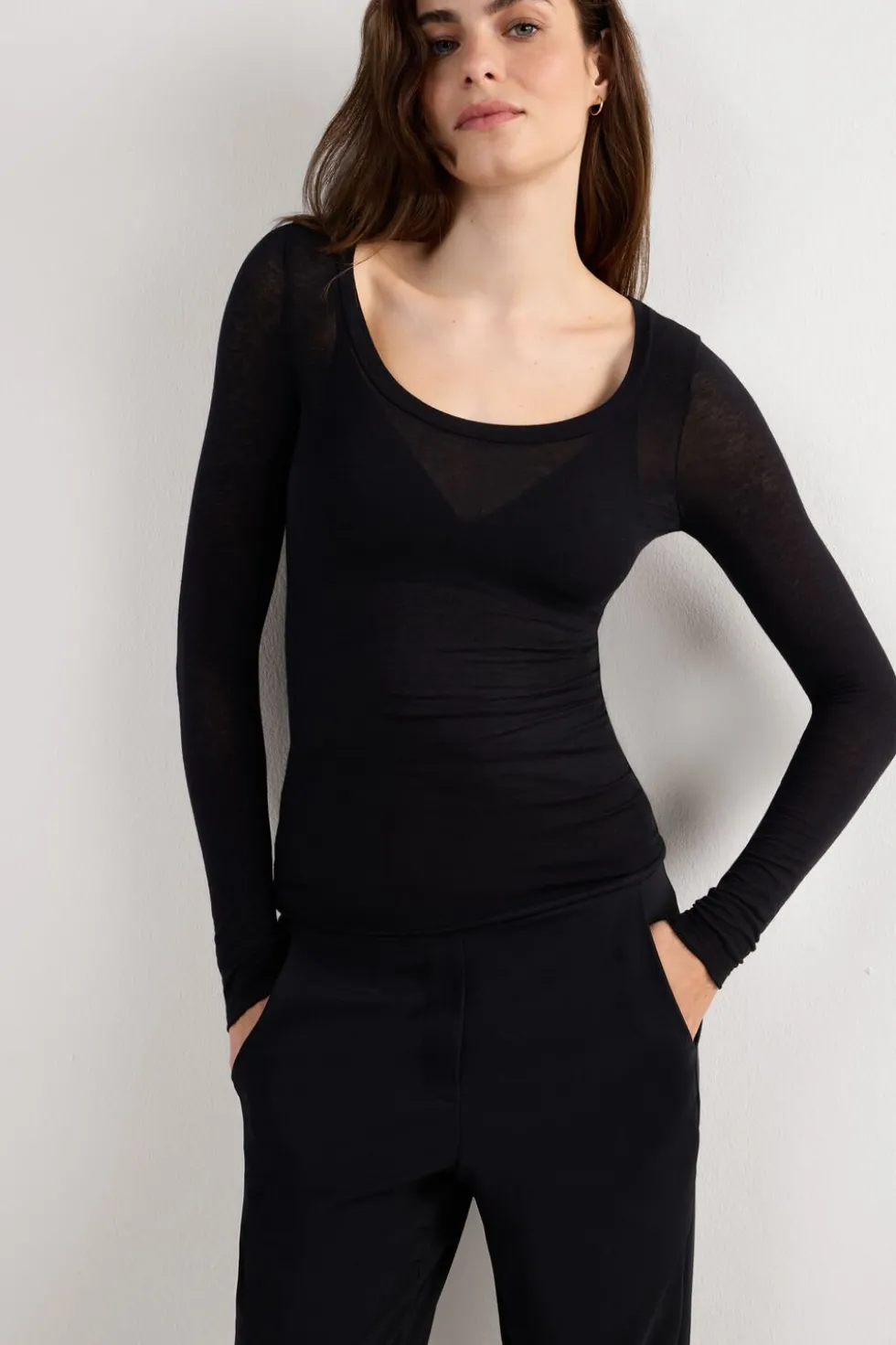 Long Sleeve Scoop Neck Top in Ultralight Modal with Cashmere
