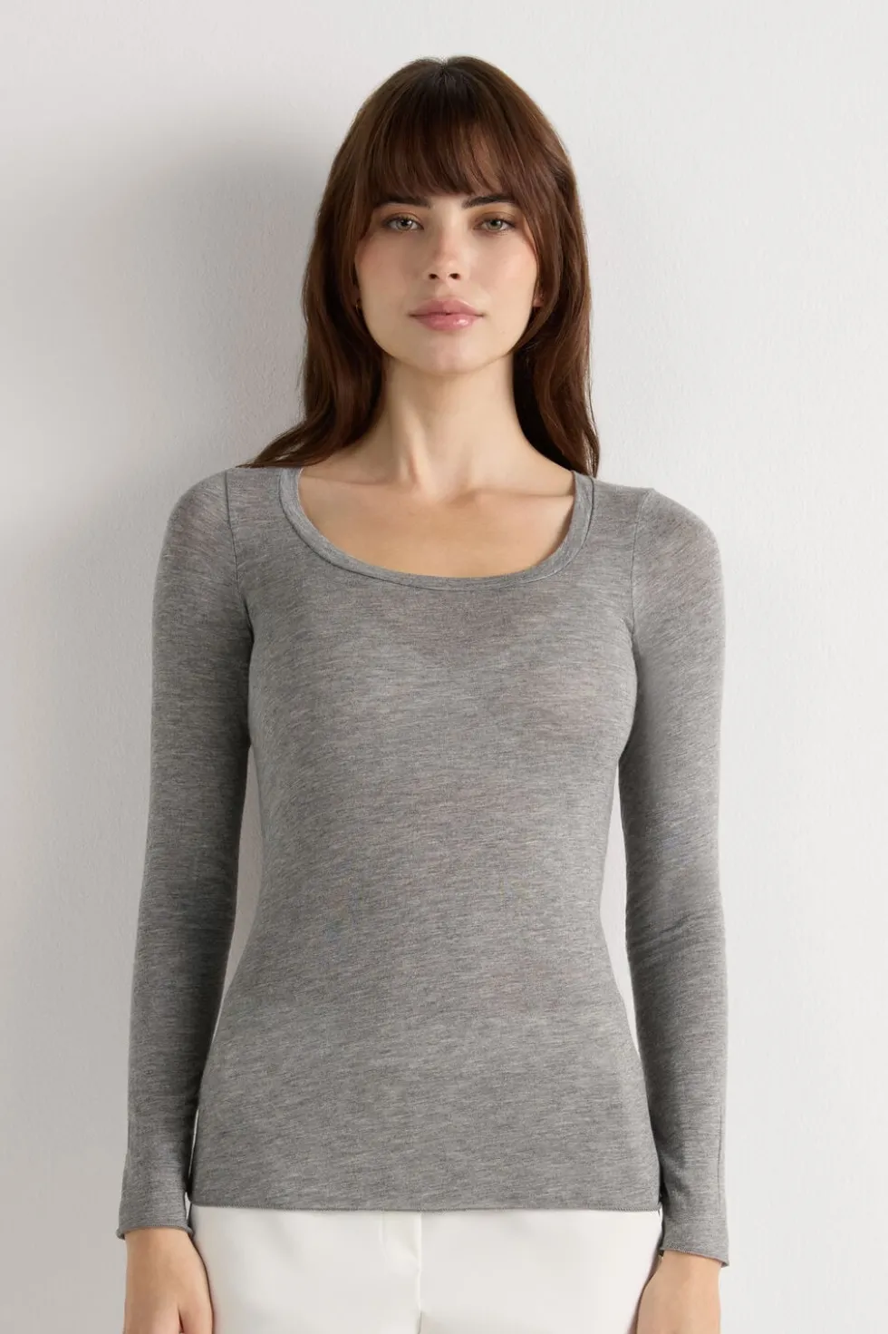Long Sleeve Scoop Neck Top in Ultralight Modal with Cashmere