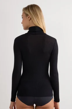 Long-sleeve High-Neck Tubular Top in Wool and Silk