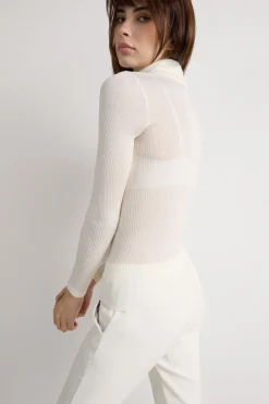 Long-sleeve High-Neck Tubular Top in Wool and Silk