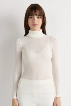Long-sleeve High-Neck Tubular Top in Wool and Silk