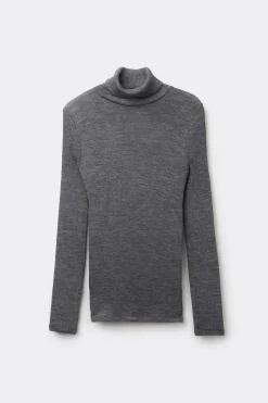 Long-sleeve High-Neck Tubular Top in Wool and Silk