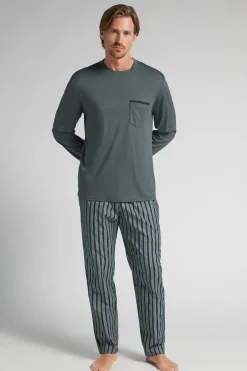 Premium Mercerized Cotton and Stripe Print Cloth Full Length Pajamas
