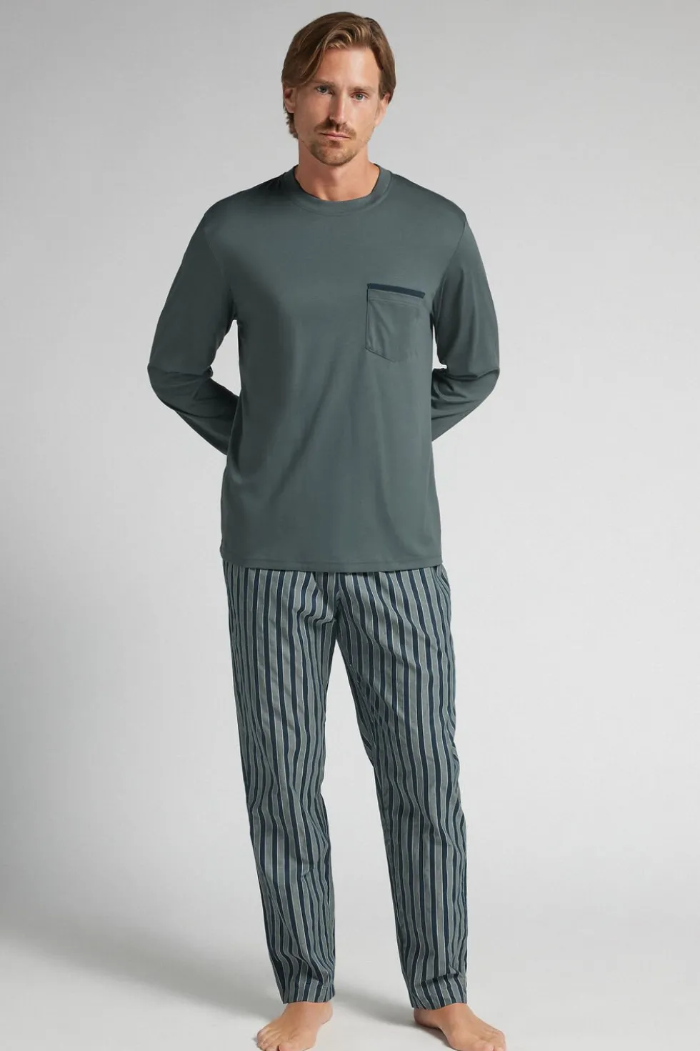Premium Mercerized Cotton and Stripe Print Cloth Full Length Pajamas