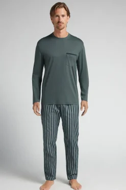 Premium Mercerized Cotton and Stripe Print Cloth Full Length Pajamas