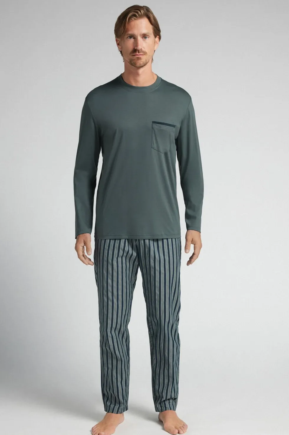 Premium Mercerized Cotton and Stripe Print Cloth Full Length Pajamas