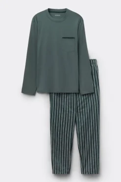 Premium Mercerized Cotton and Stripe Print Cloth Full Length Pajamas