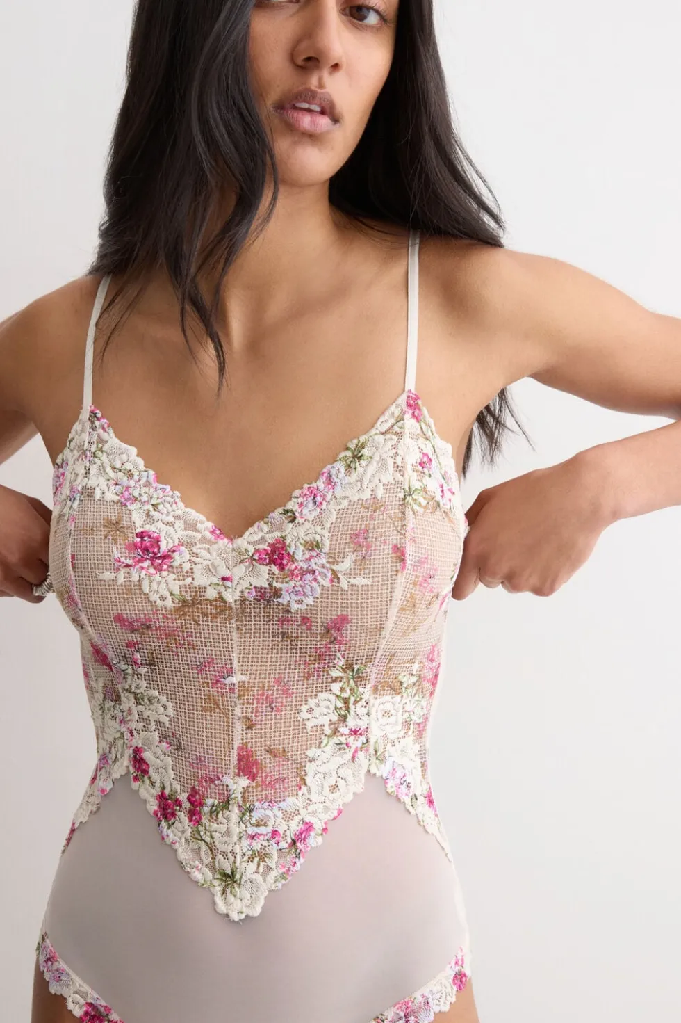 Pretty Flowers Print Tulle and Lace Bodysuit