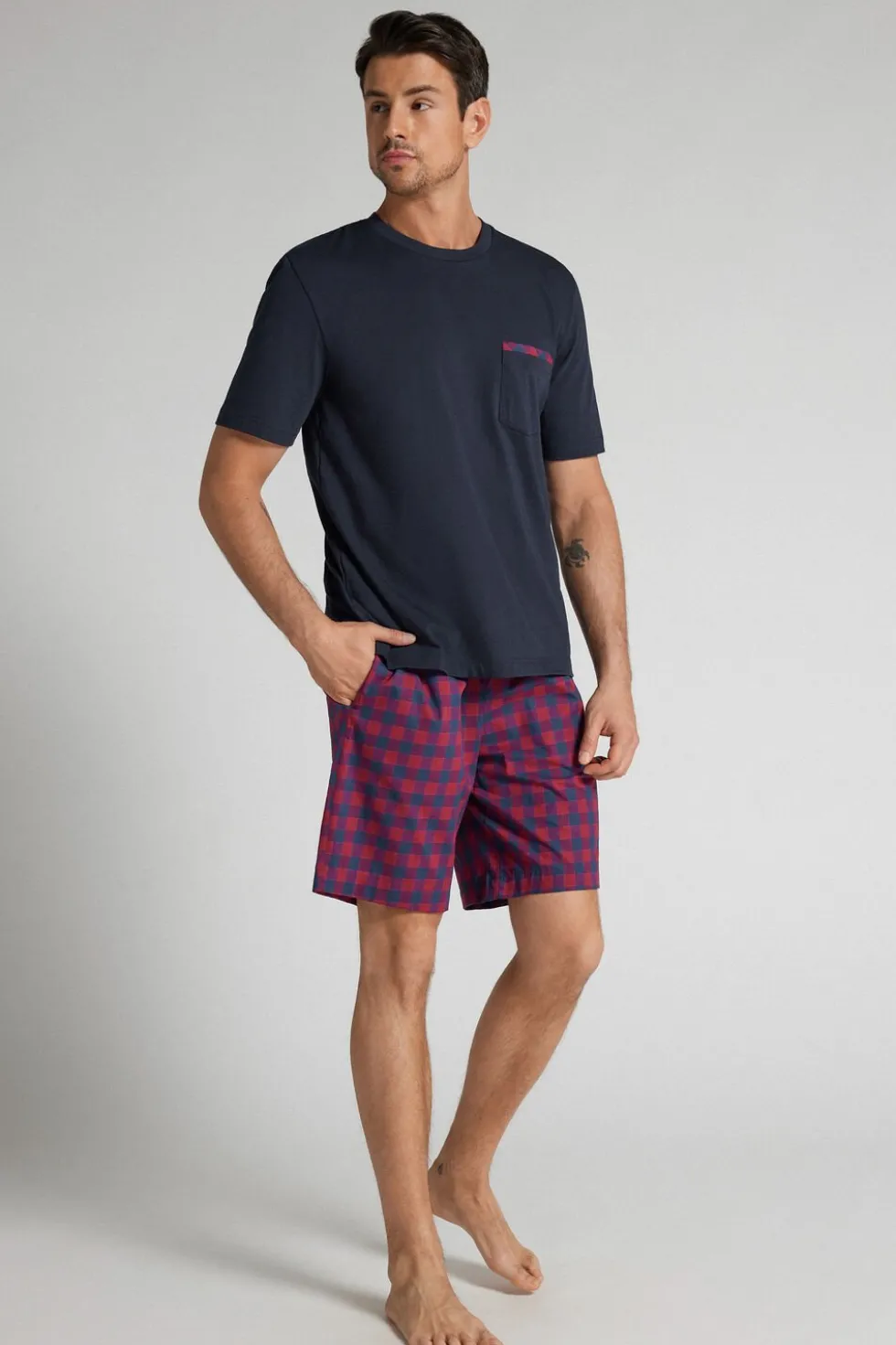 Red and Blue Check Print Cloth and Cotton Short Pajamas