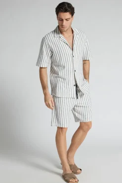 Short Sleeved Bowling Shirt with Stripes