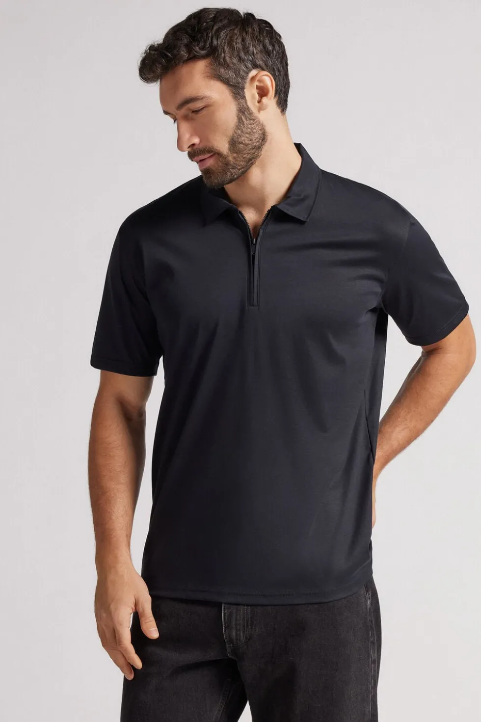 Short-Sleeved Mercerized Cotton Polo Shirt with Zip filo Premium