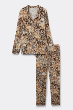 Simply Iconic Button Up Full Length Pajamas in Animal Print Modal