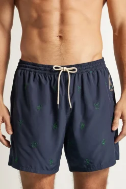 Swim Trunks with Embroidered Cacti