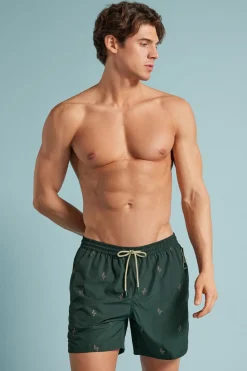 Swim Trunks with Embroidered Flamingos