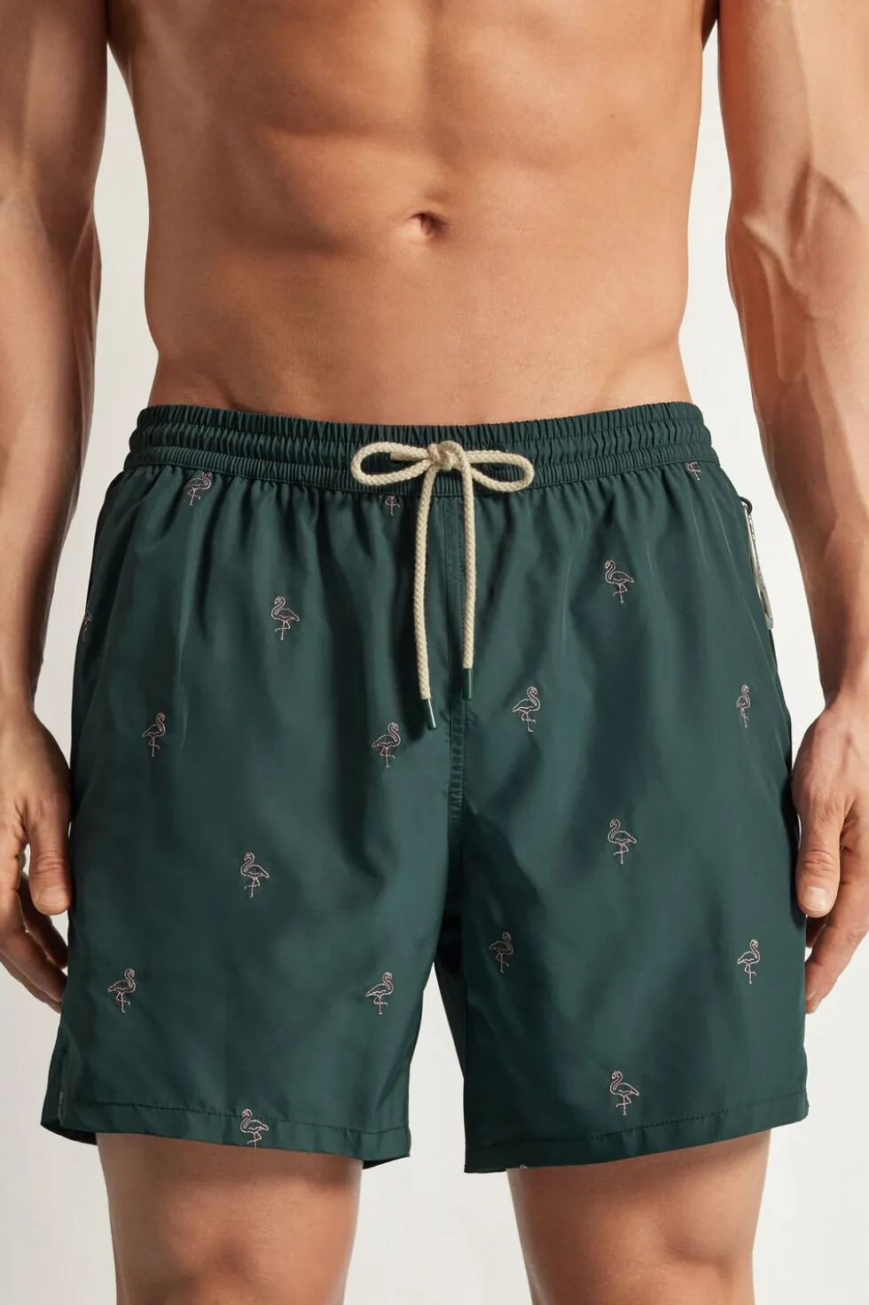 Swim Trunks with Embroidered Flamingos