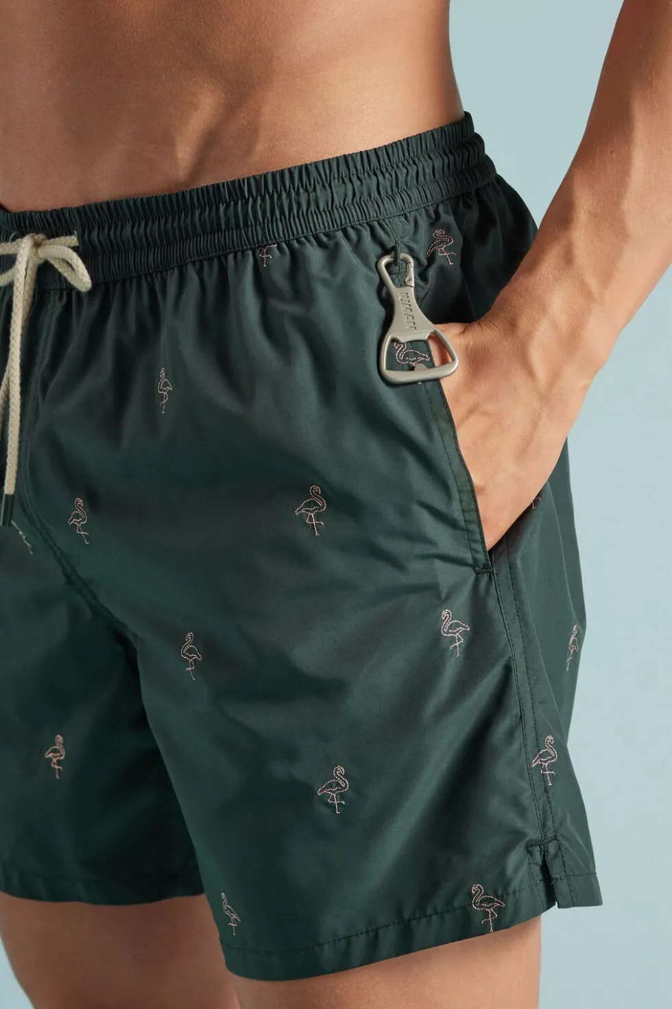 Swim Trunks with Embroidered Flamingos
