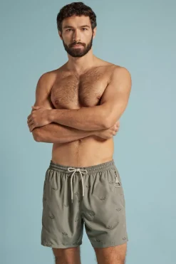 Swim Trunks with Embroidered Sharks