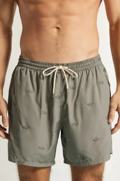 Swim Trunks with Embroidered Sharks