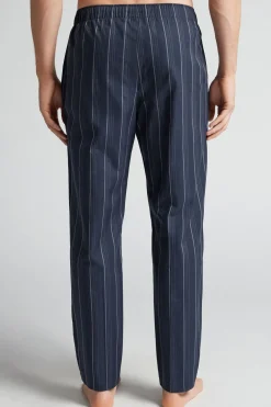 White Striped Blue Cotton Fabric Full Length Pants